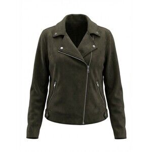 The Loft Faux Suede Moto Jacket Dark Caper Green Silver Zippers Small EUC